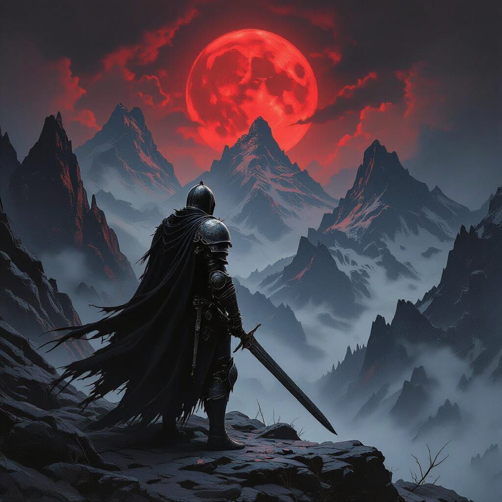 Knight Silhouetted Against Jagged Peaks in Dark Fantasy Styl...