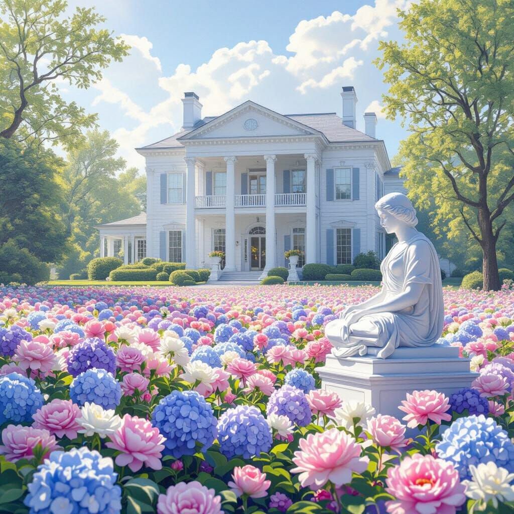 Vibrant Flower Field Before Grand White House with Garden St...