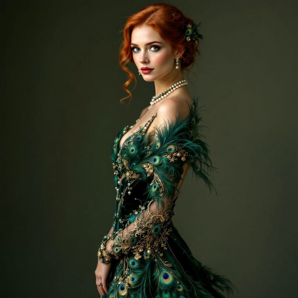 Art Deco Redhead in Peacock Gown