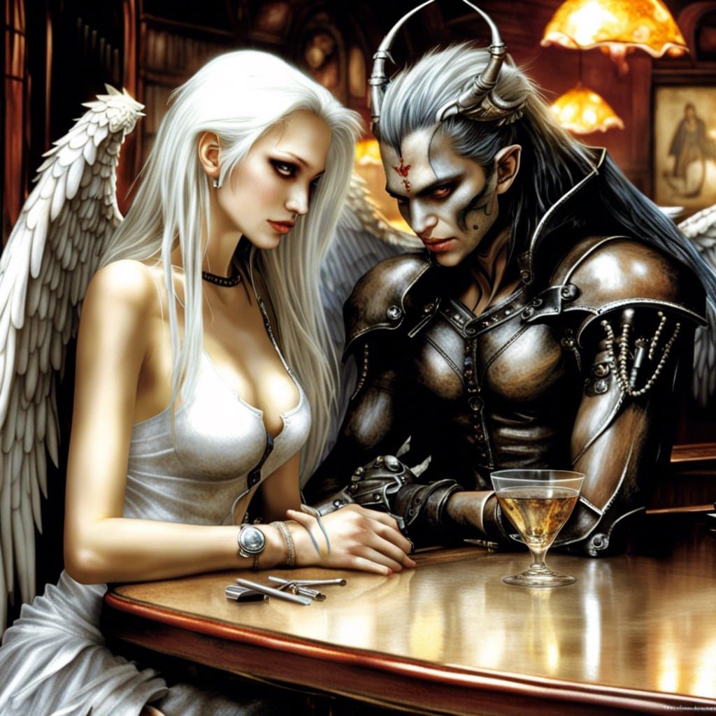 Angel and Devil Flirting in Fantasy Art Style