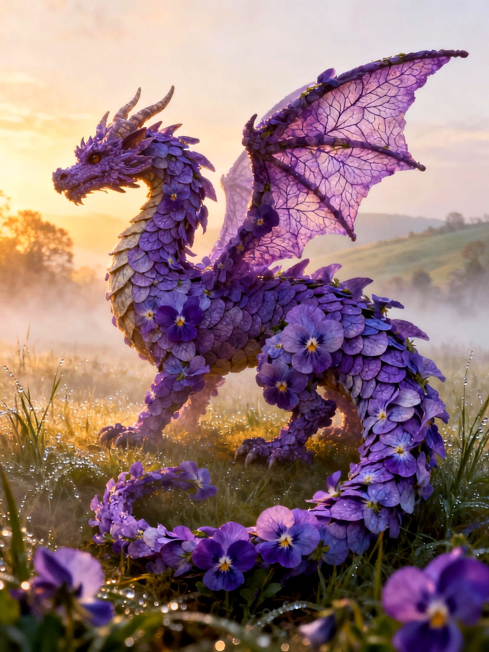 Ethereal Dragon of Violets in Misty Fantasy Landscape