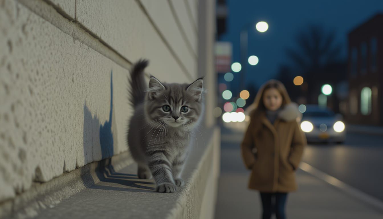 Hyperrealistic Kitten Strolls Along Moonlit Wall