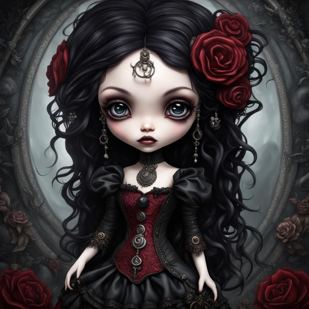 Crimson Steampunk Doll in Gothic Fantasy Style
