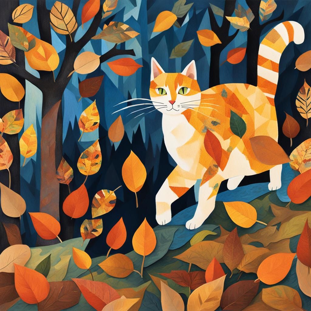 Cat Pouncing on Leaves: Paper Collage Art