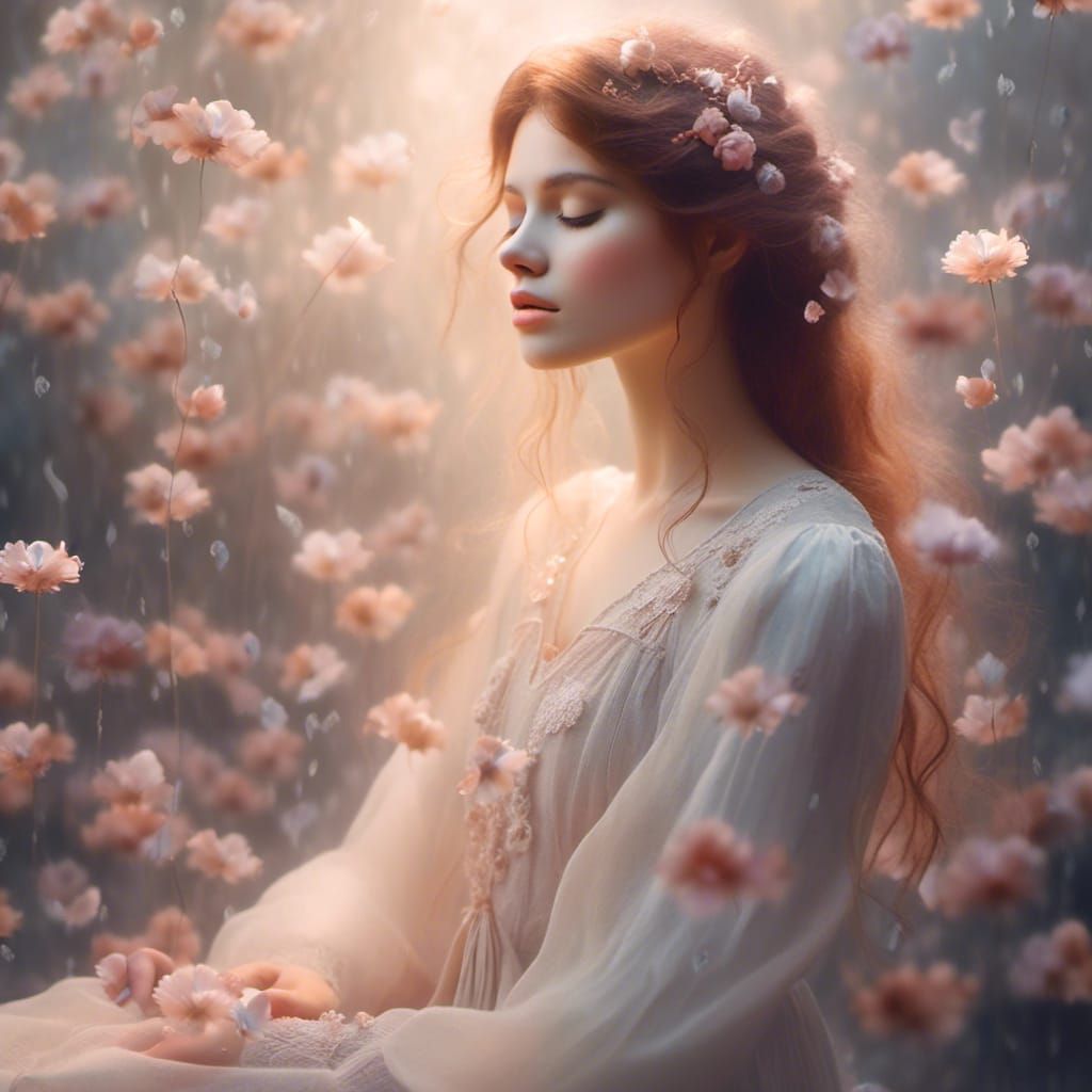 Ethereal Woman Sighing Amidst Floating Petals and Mist