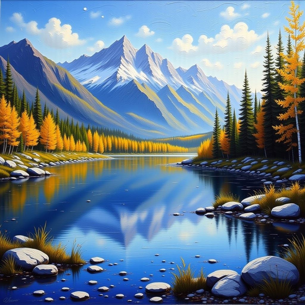 Impasto Mountain Lake Landscape with Thick Brushstrokes