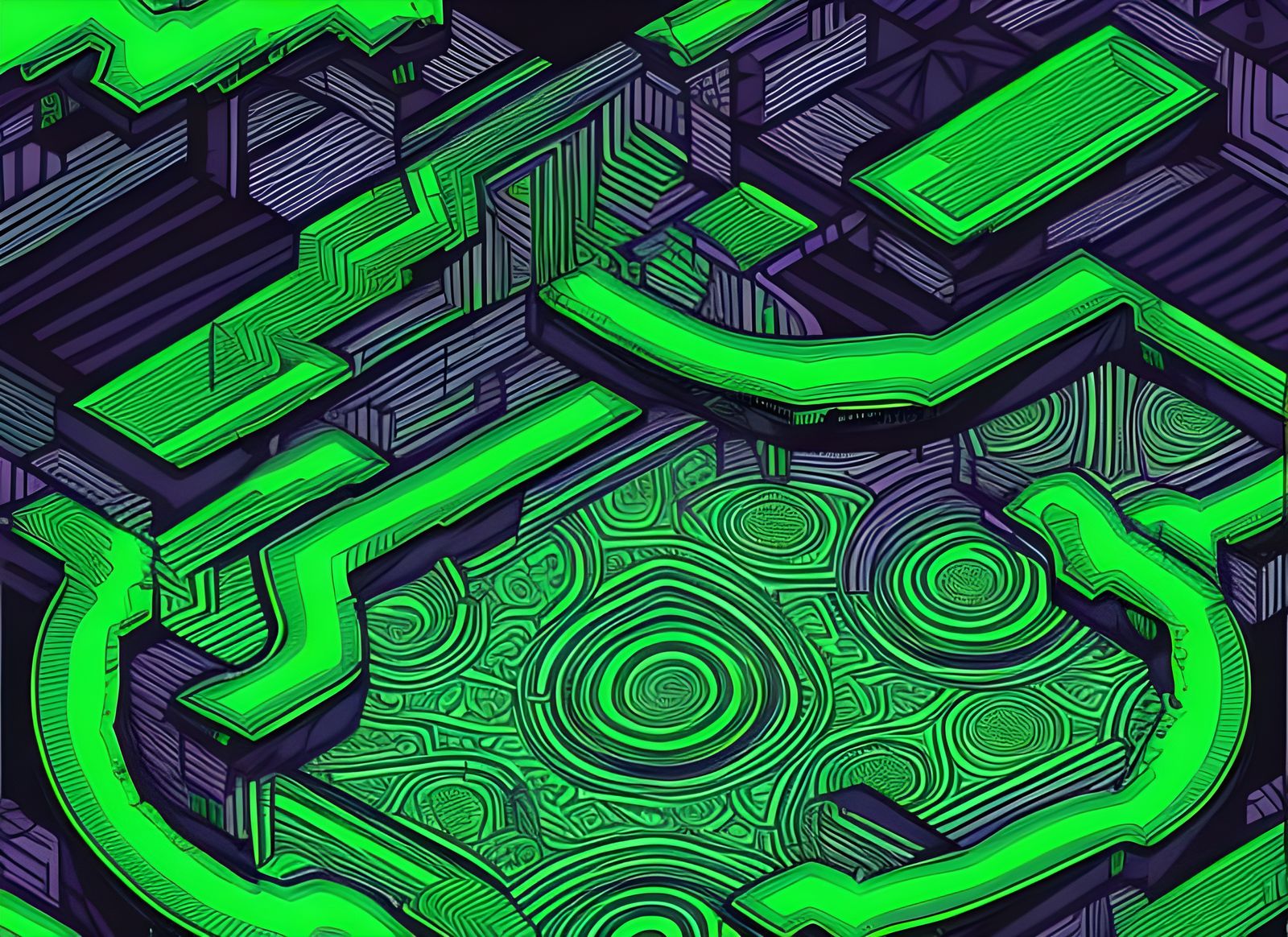 Neon Stone Edifice with Evolving Patterns in Vector Art