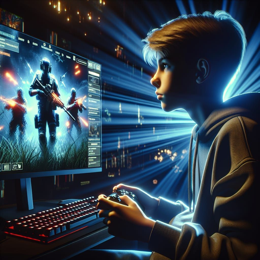 Teenage Gamer Immersed in High-Intensity Online Battle