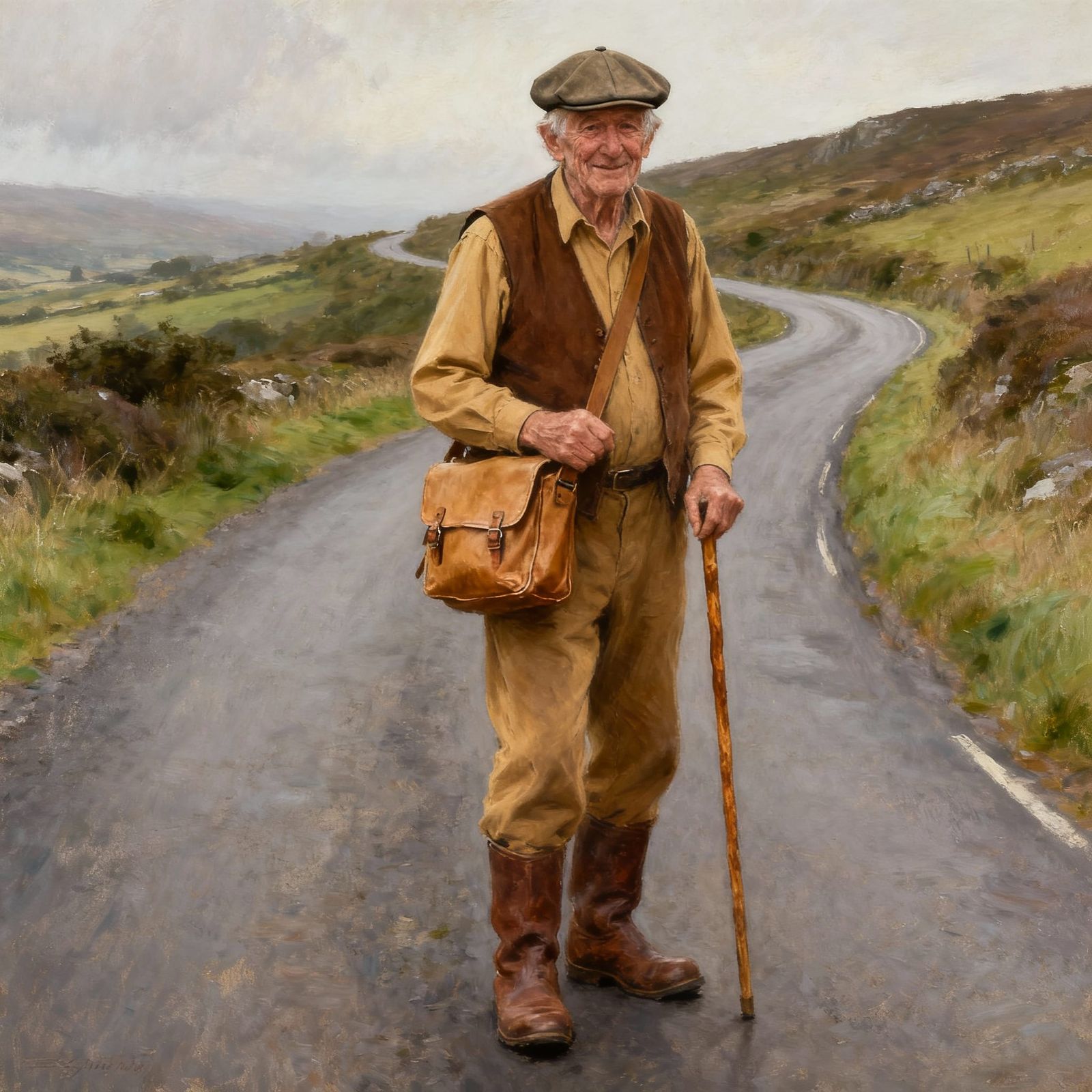 Elderly Irish Man on Country Road in Oil Painting Style