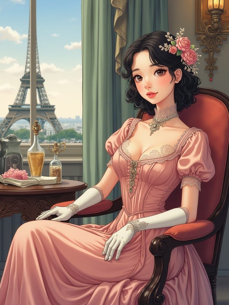 Victorian Lady in Anime Style, Parisian Apartment Eiffel Tow...