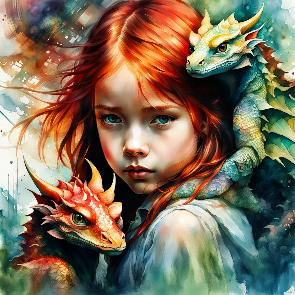 Dreamlike Portrait of Girl with Dragon Pet