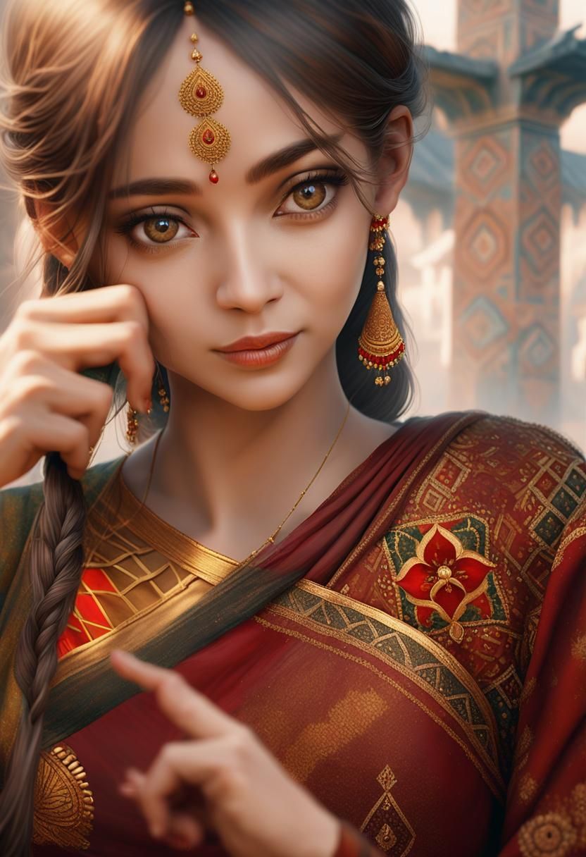 Young Indian Woman Exudes Cultural Elegance in Vibrant Red a...