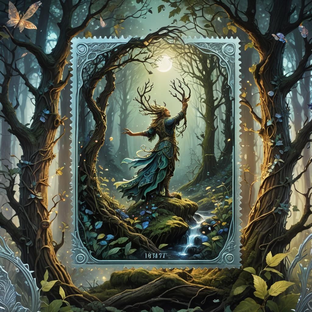 Magical Forest Scene on a Living Postage Stamp