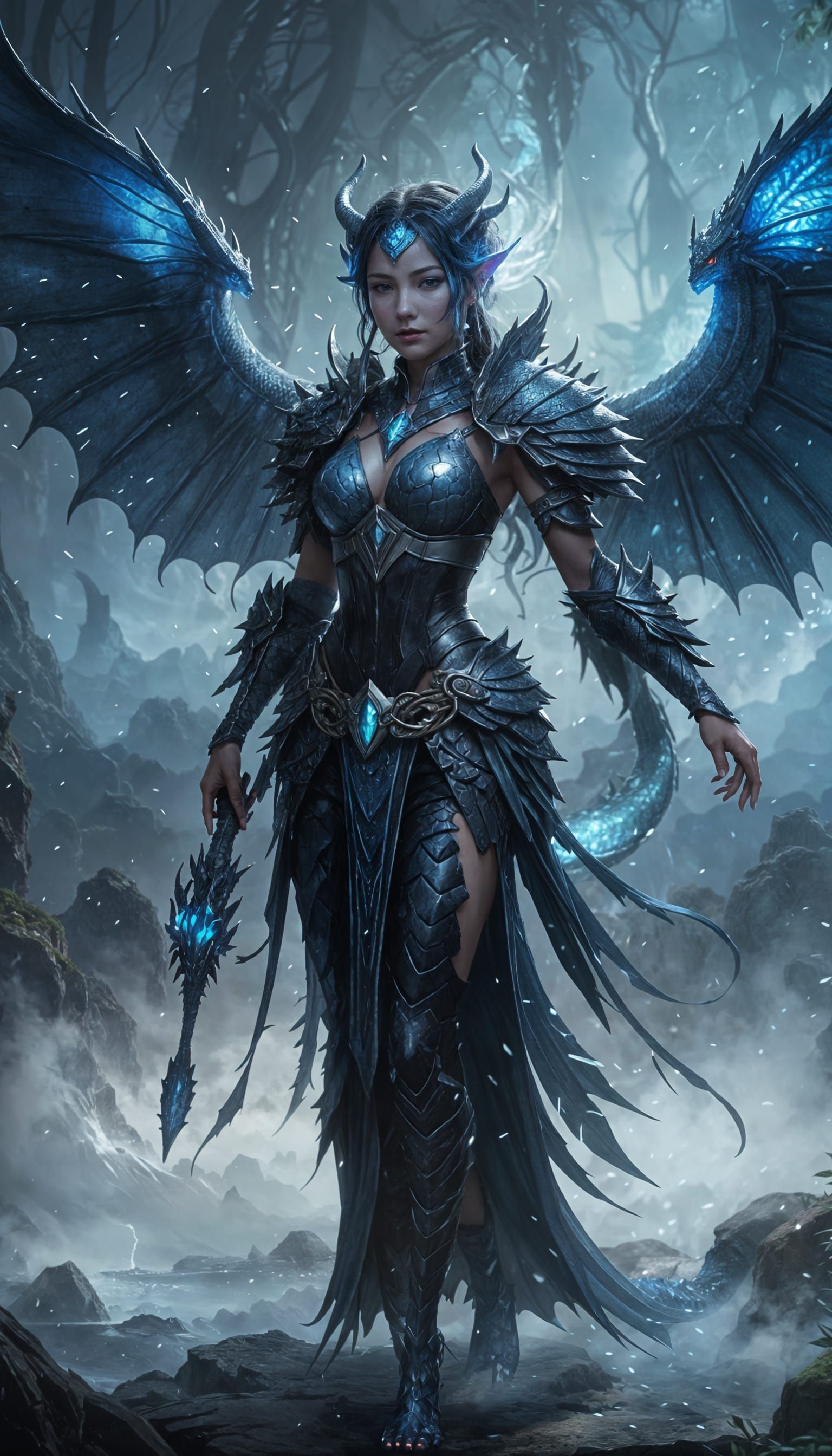 Dragon Girl with Black Scales in 3D Anime Art