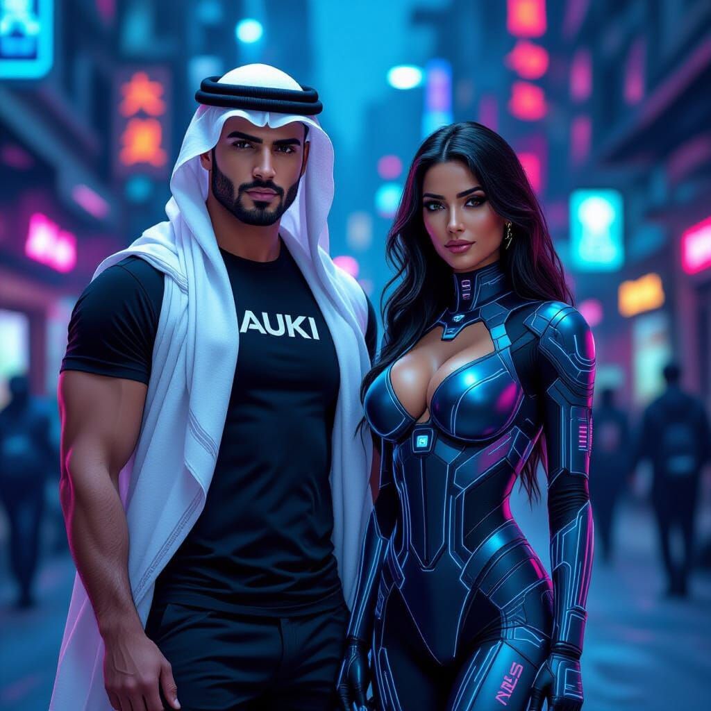 Cyberpunk Arabic Man and Latina Woman in Neon City