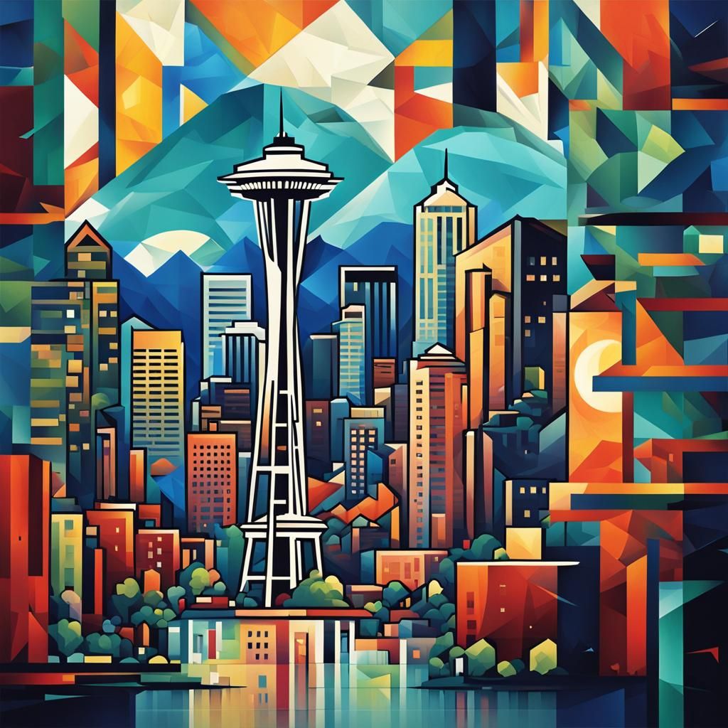 Cubist Seattle Rain Scene in Geometric Fauvism Style