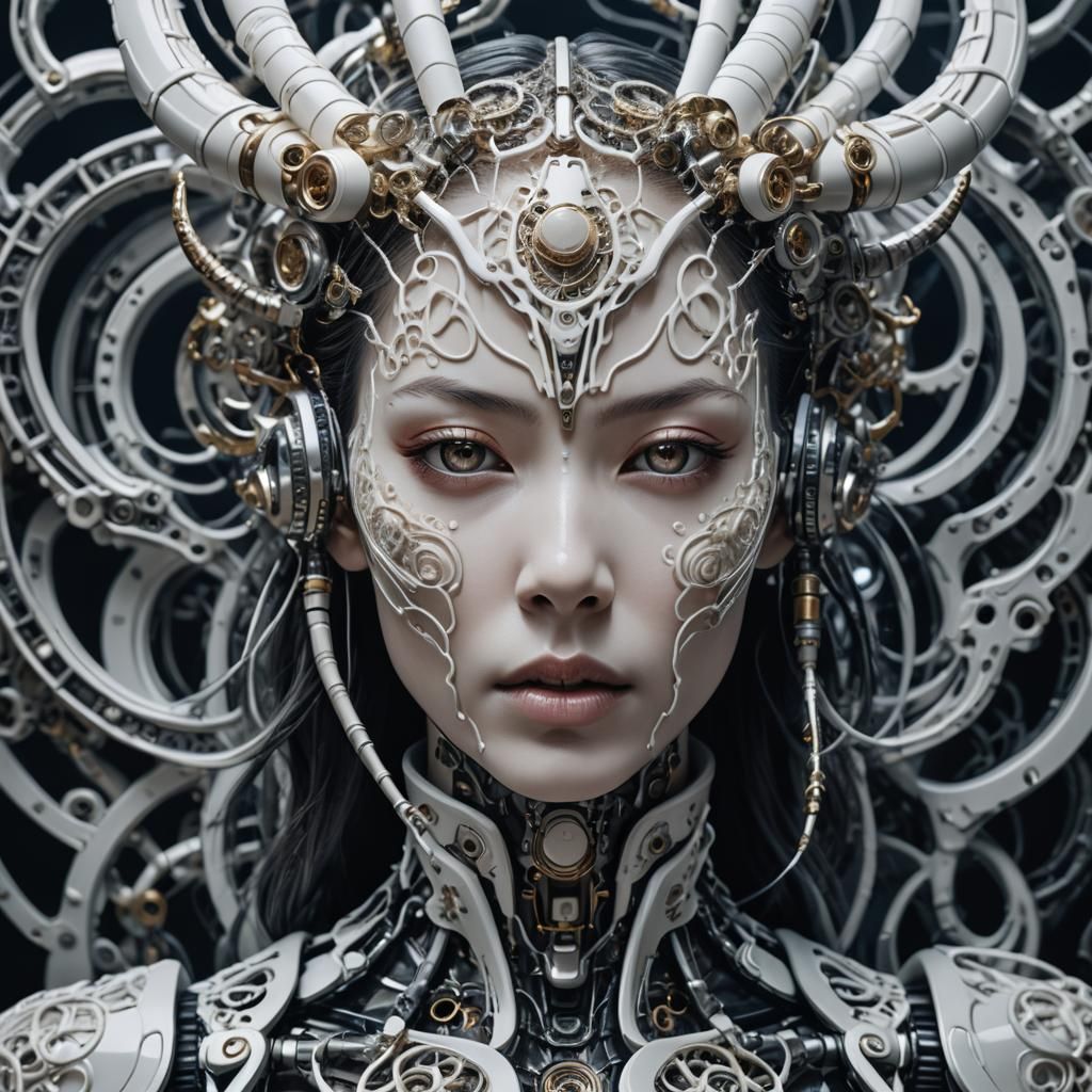 The image is a close-up of a surreal female cyborg .She has ...