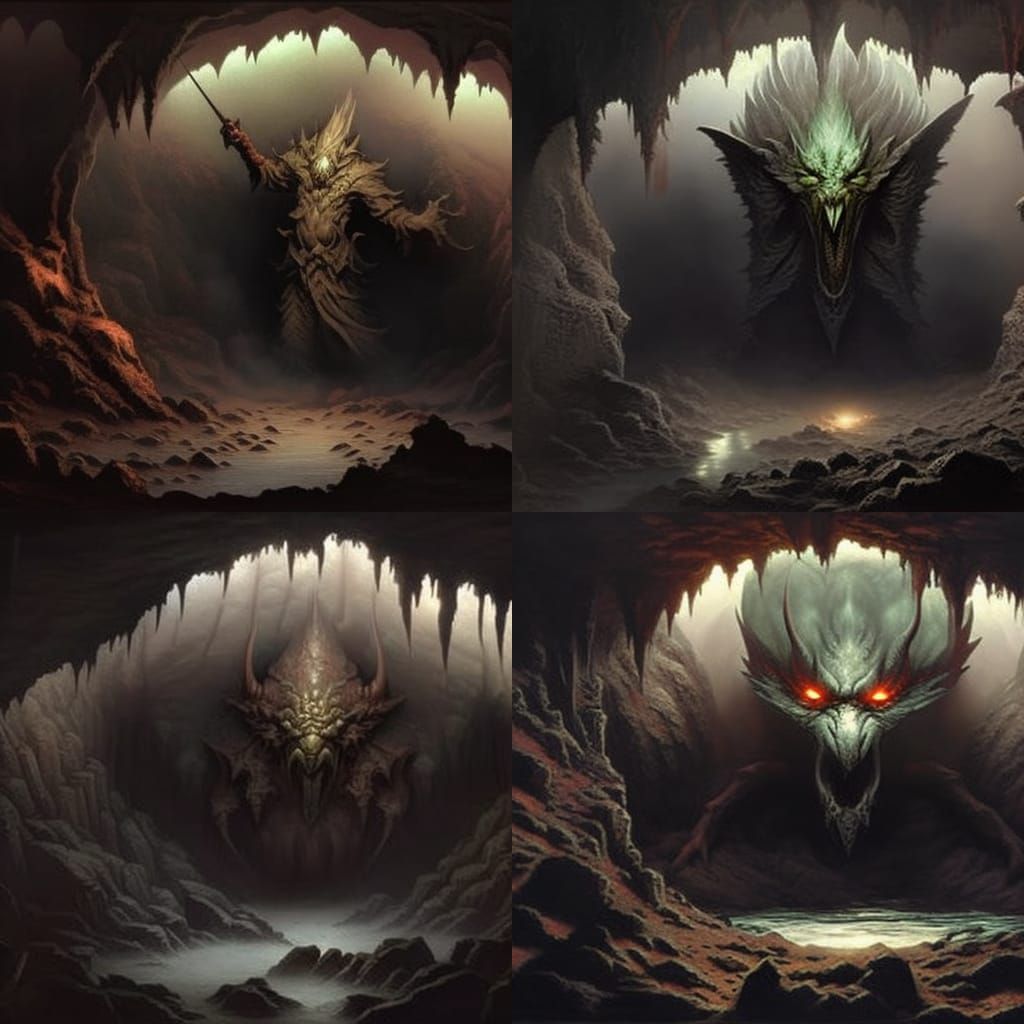 Ominous Creature Hidden in Misty Cave: Fantasy Horror Art