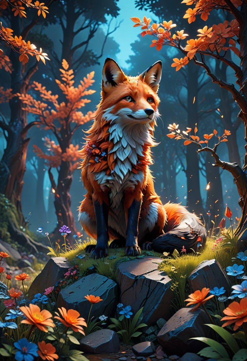 Surreal Popart Fox in Vibrant Love Forest