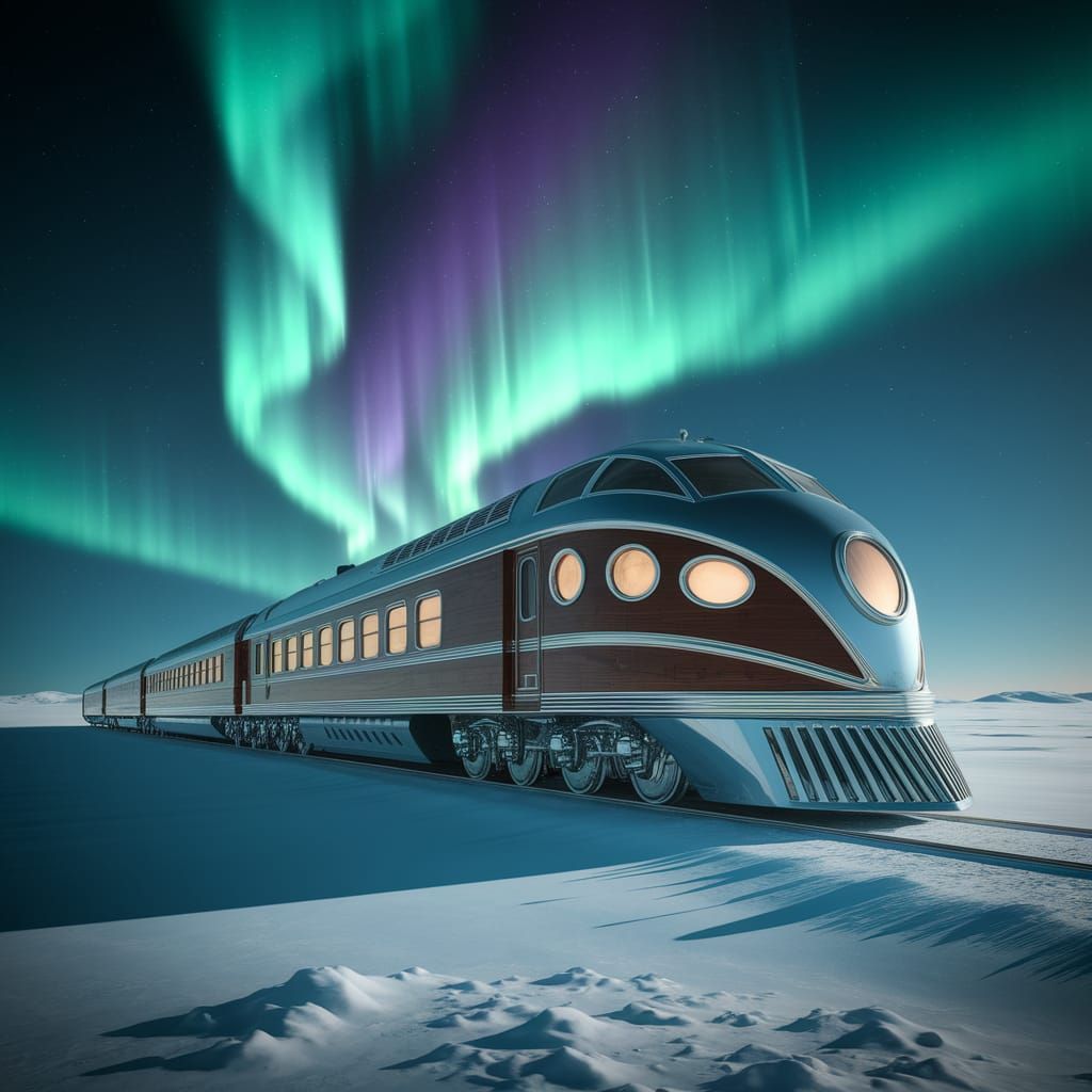 Retro-Futuristic Train on Frozen Tundra Under Aurora Sky