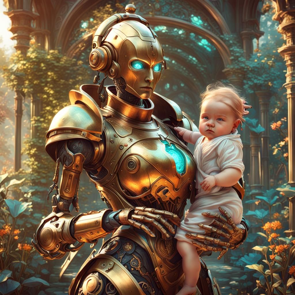 Brass Android Nanny in Fantasy Garden, High Detail