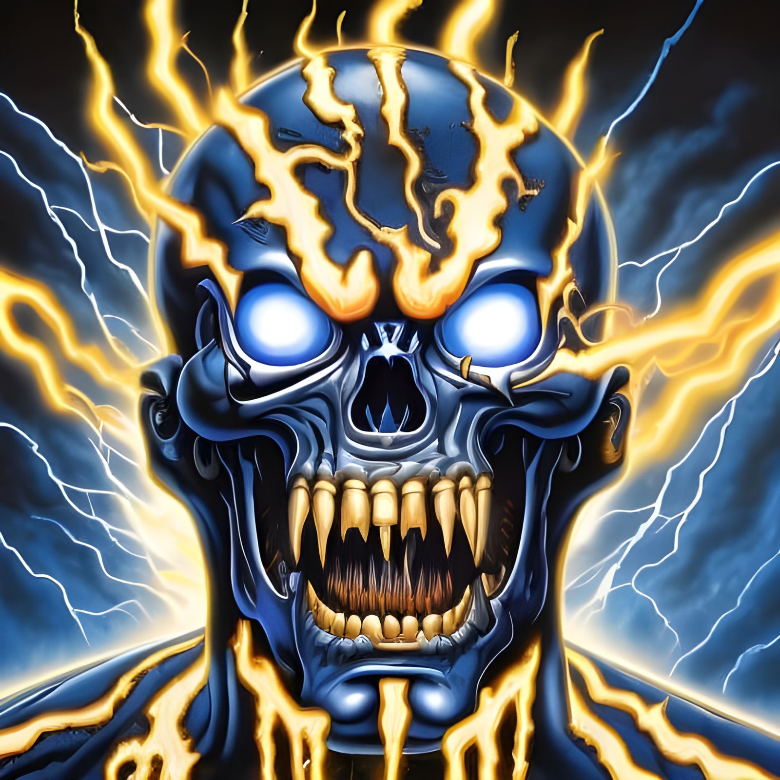 Electrifying Zombie Face in Heavy Metal Album Art Style