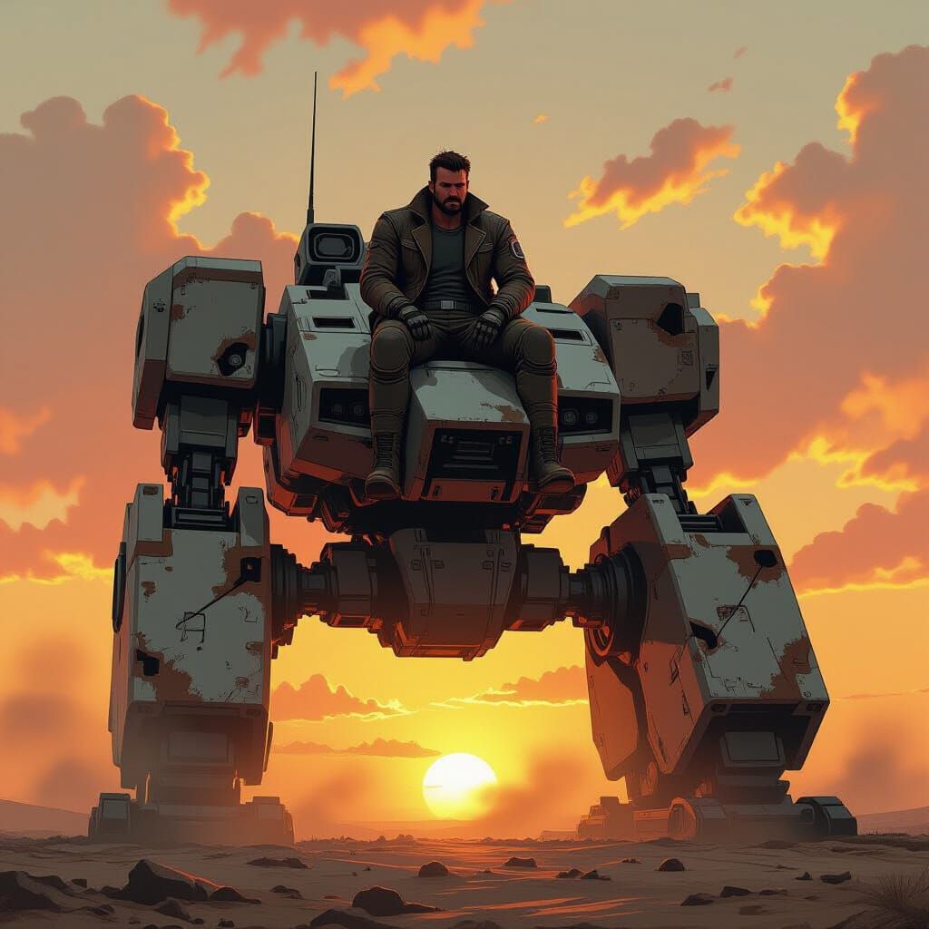 Mech Pilot Rests on Damaged Mech at Sunset