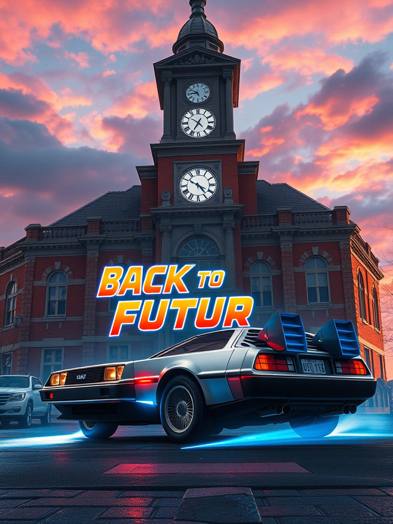 Neon DeLorean at Town Hall, Futuristic Concept Art