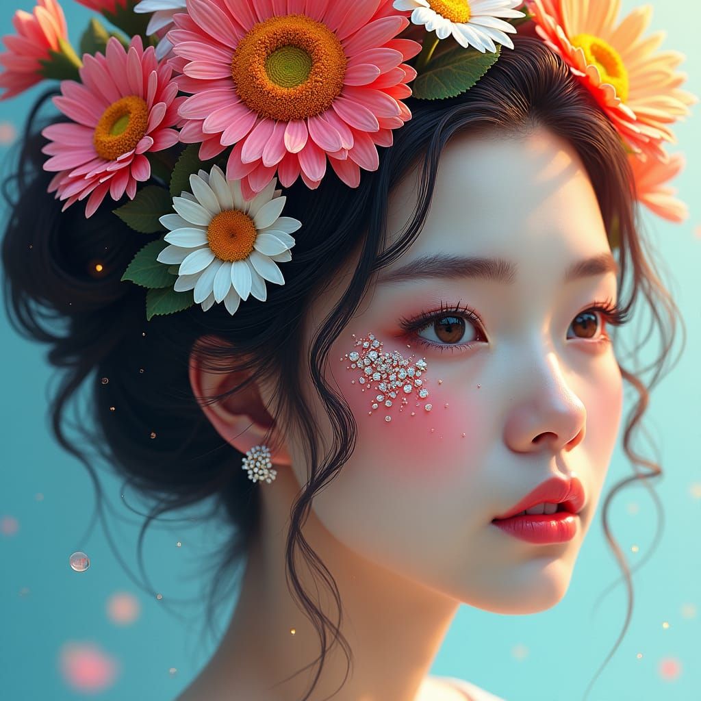 Woman with Diamonds and Daisies: Hyperrealistic Digital Art