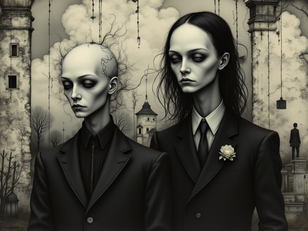 Surreal American Gothic Dystopia in Dark, Distressed Texture...