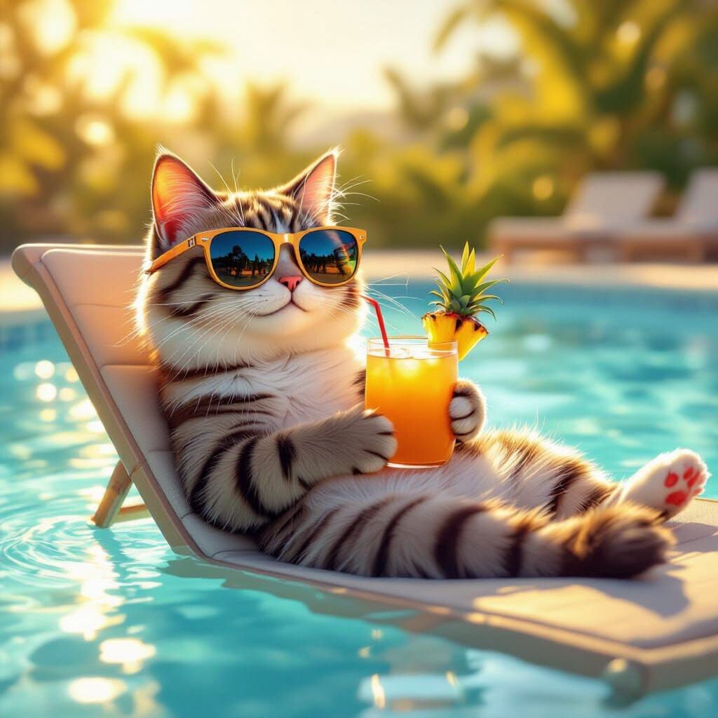Cool Cat Lounging Poolside with Tropical Drink
