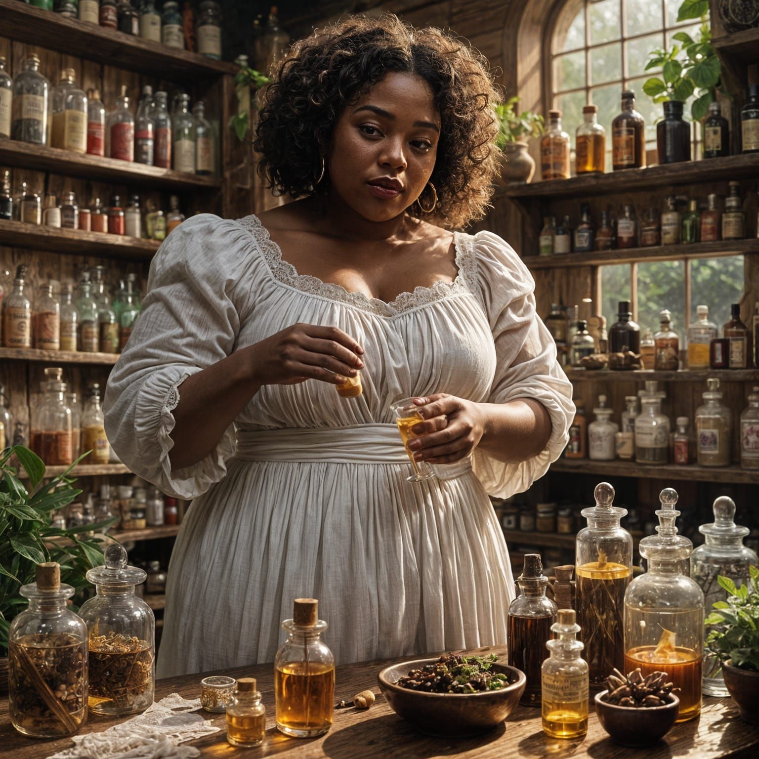Caribbean Woman Mixing Herbal Potions: Cinematic Film Still