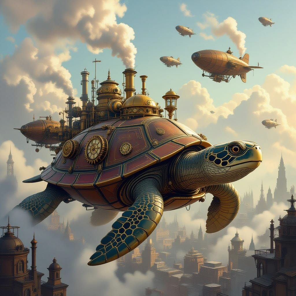 Steampunk City on a Giant Flying Turtle