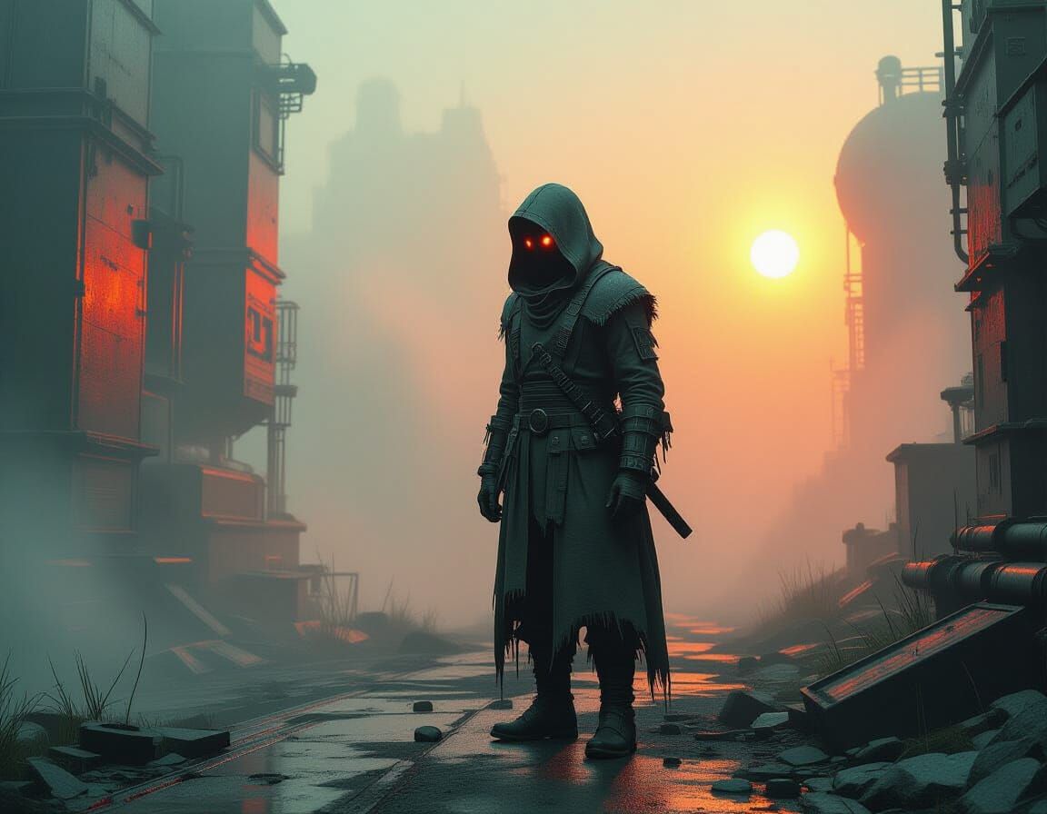 Hybrid Monster Traveler in Dystopian Landscape