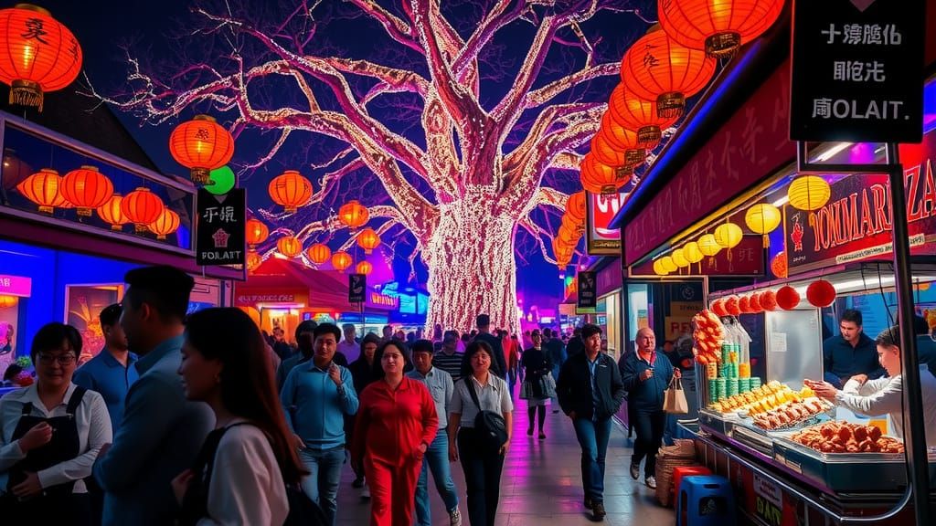 Vibrant Neon Night Market in a Dreamlike Atmosphere