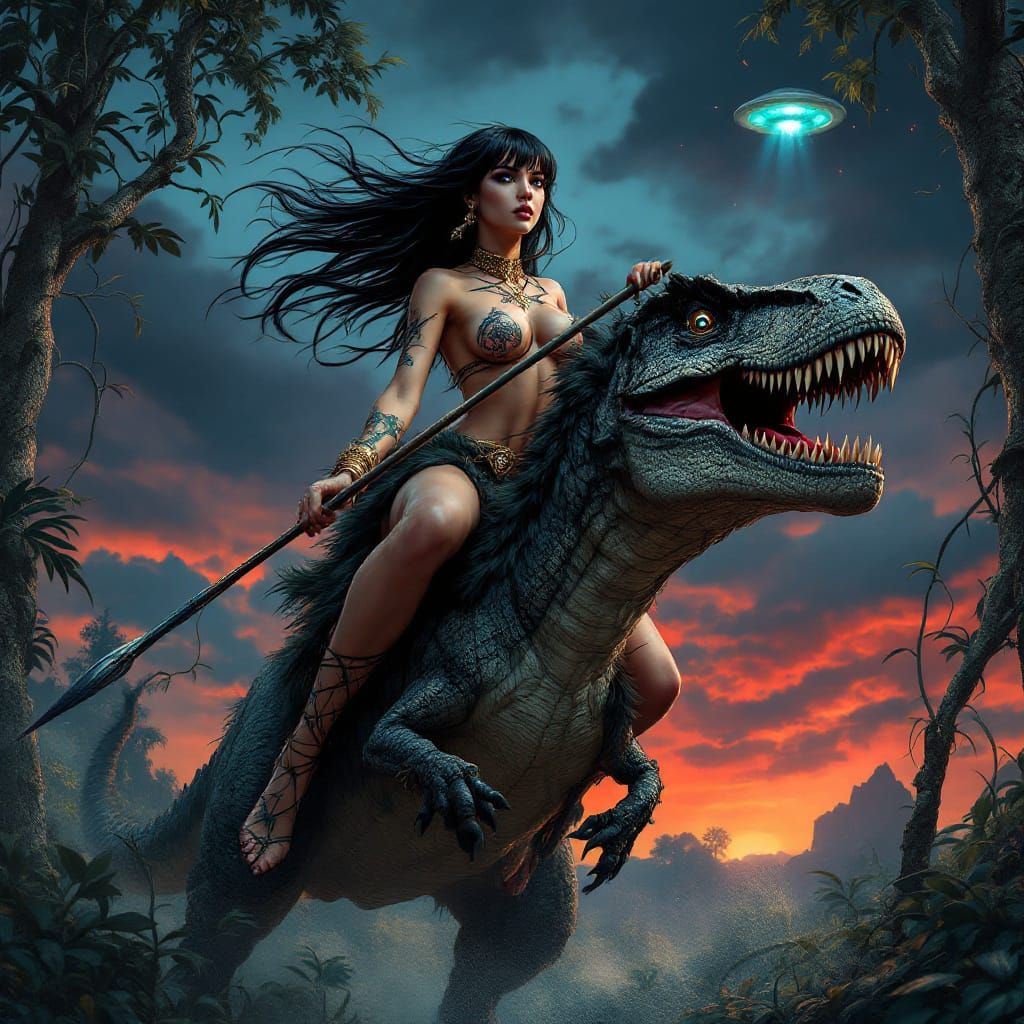 Jungle Woman Rides T-Rex Evading UFO at Sunset