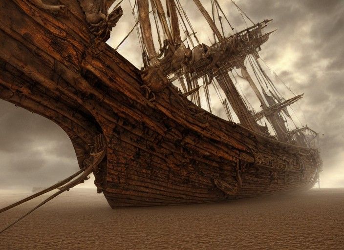 Dinosaur Bone Shipwreck in Desert, Ominous Lighting