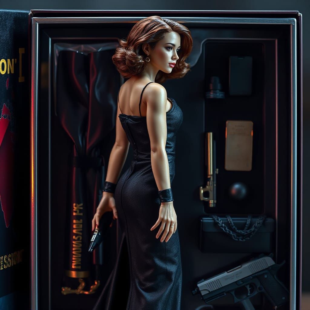 Sophisticated Spy Doll in Elegant Evening Gown, Metallic Box...