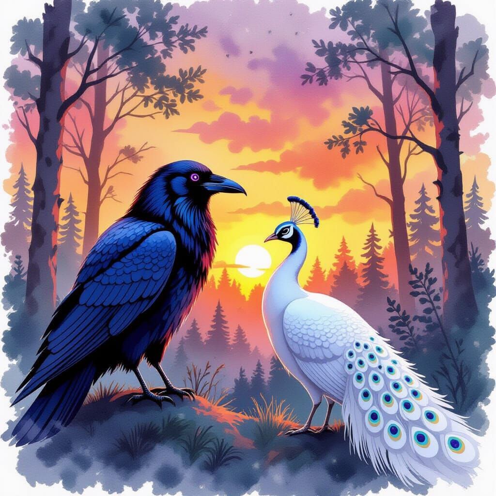 Violet Eyed Raven Watches Peacock at Sunset