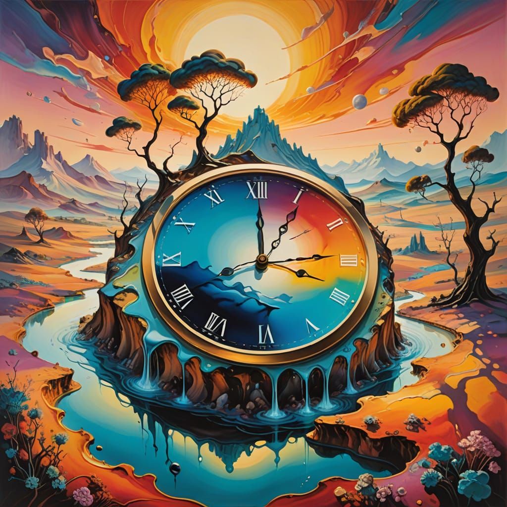 Surreal Dreamscapes: Melting Clock in a Fantasy Landscape