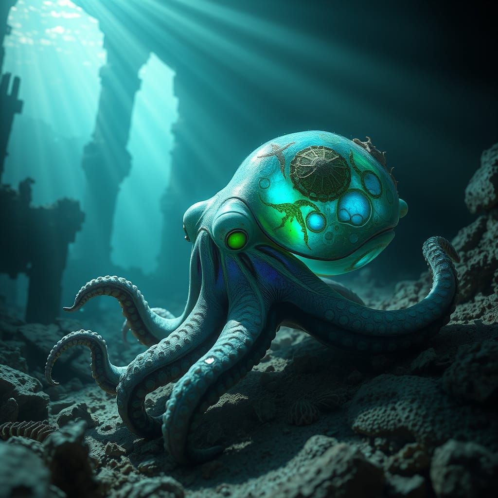 Bioluminescent Octopus Exploring Sunken City Ruins