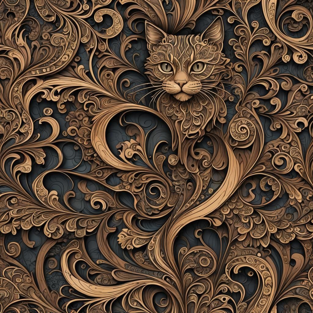 Wooden Cat with Abstract Fractal Zentangle Design