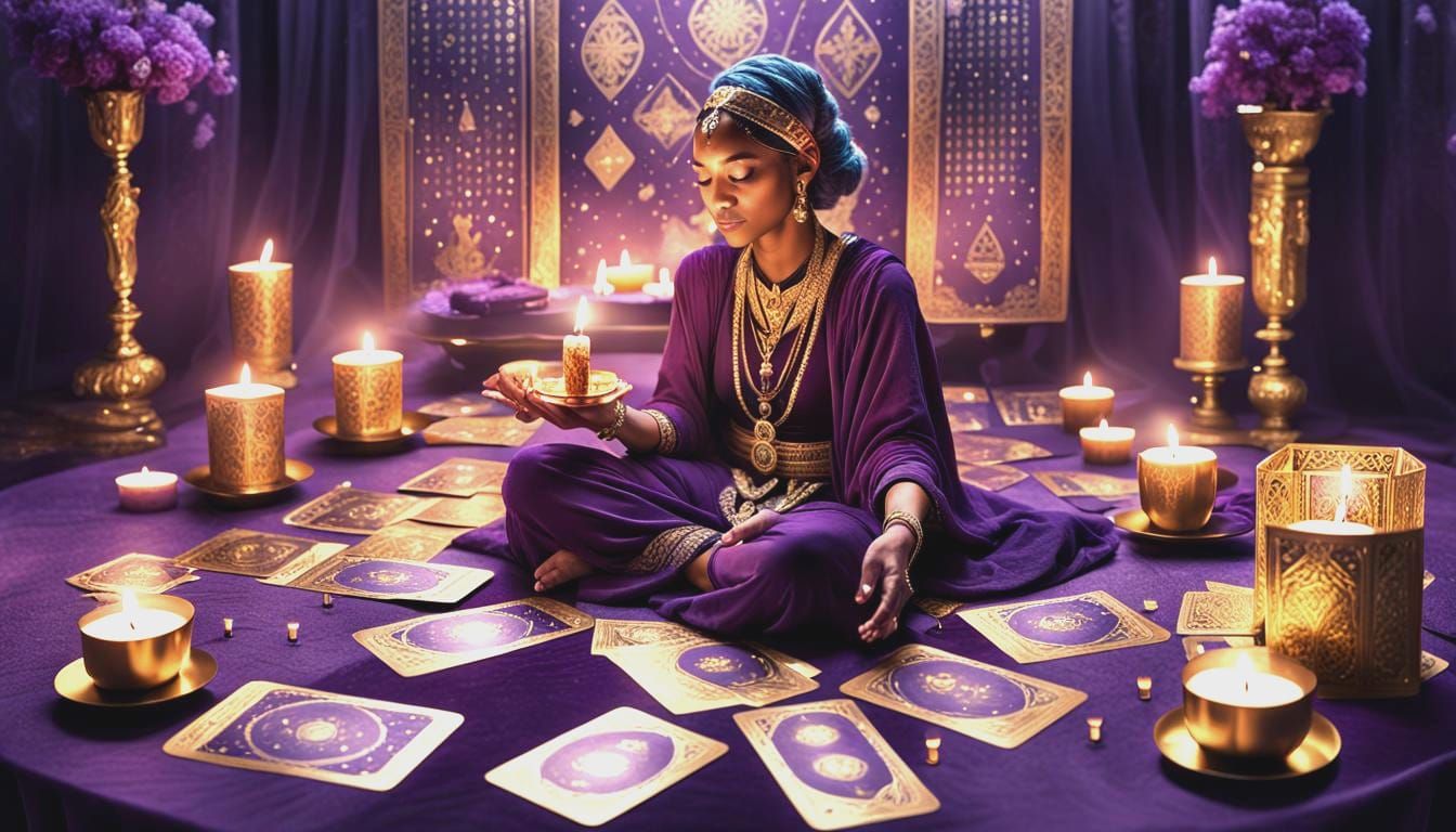 Intricate Cosmic Oracle Card Spread on Velvet
