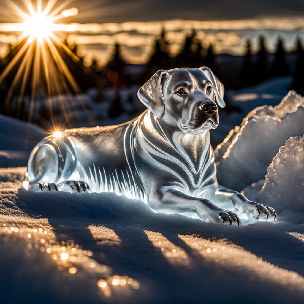 Hyperrealistic Ice Dog Sculpture in Evening Light