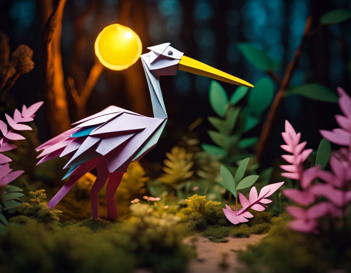 Colorful Stork Origami with Forest Motifs