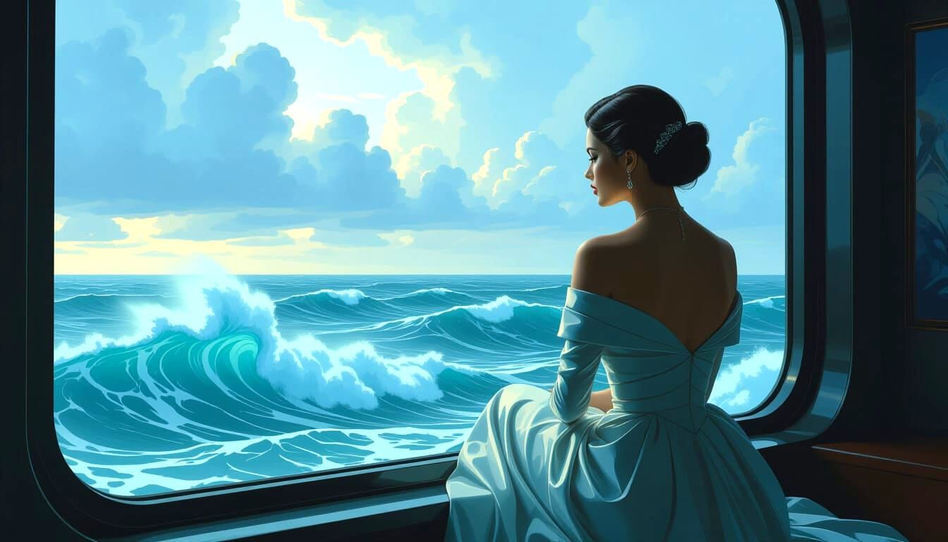 Woman Gazing at Sea: Maximalist Digital Matte Painting