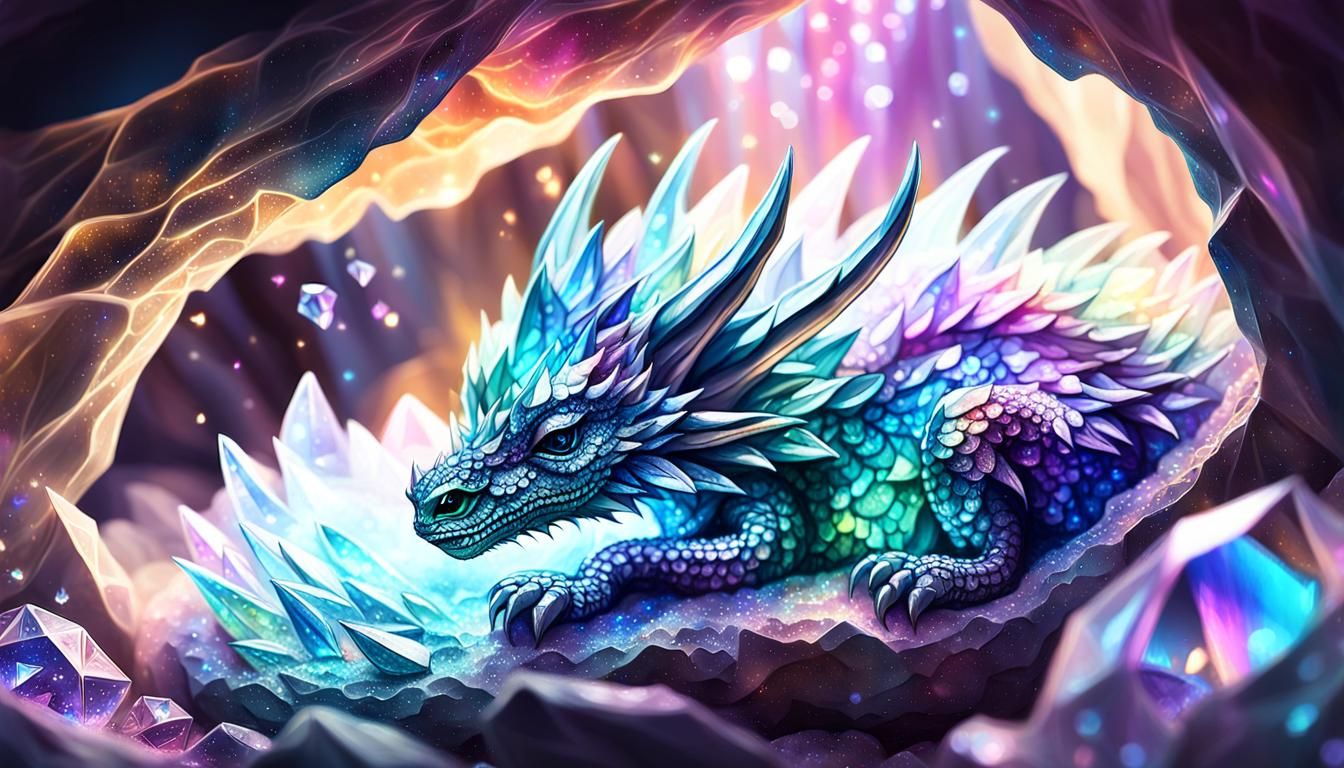 Crystalline Dragon Sleeping in Glistening Cave: 3D Render