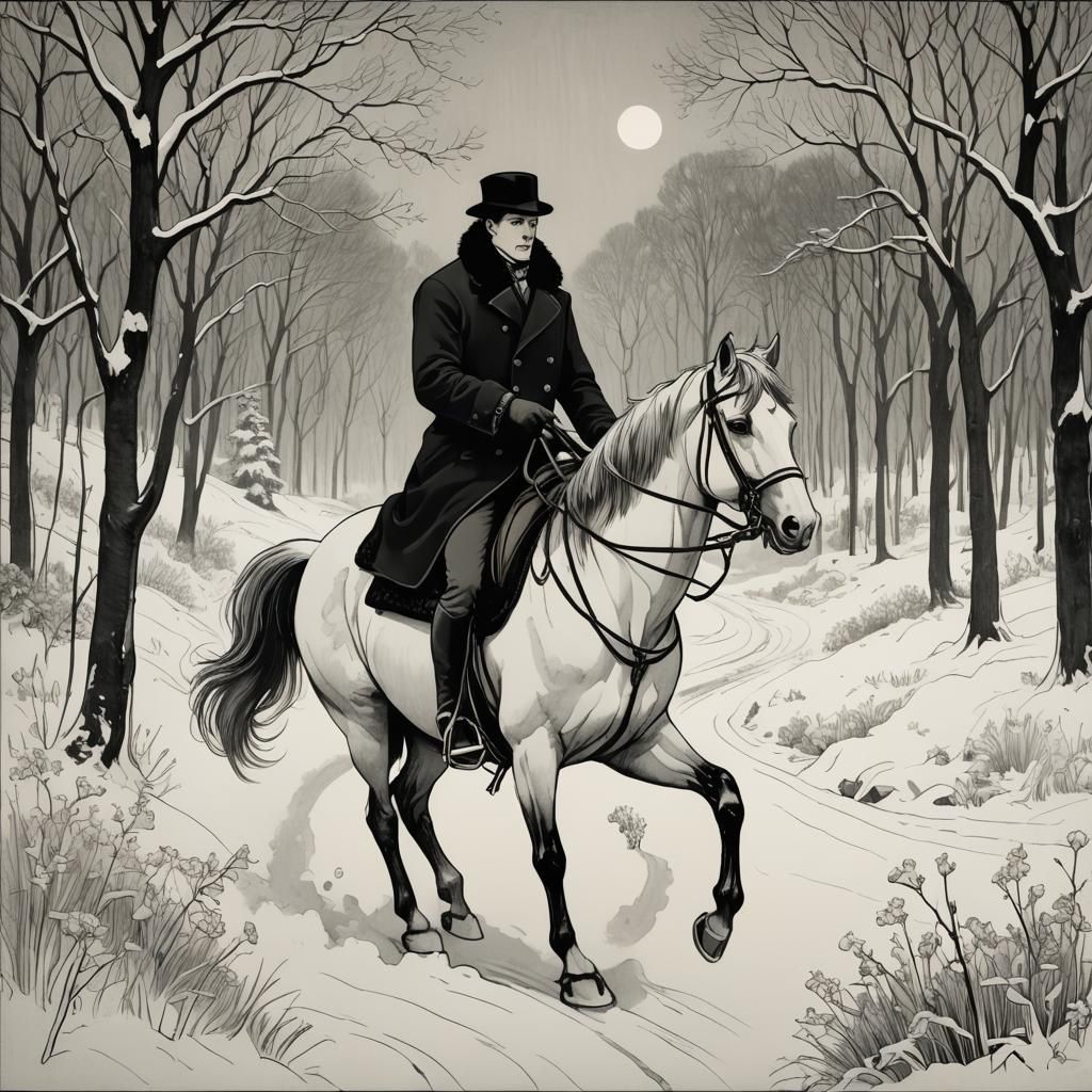 Man on Horseback: Beardsley-Inspired Winter Illustration