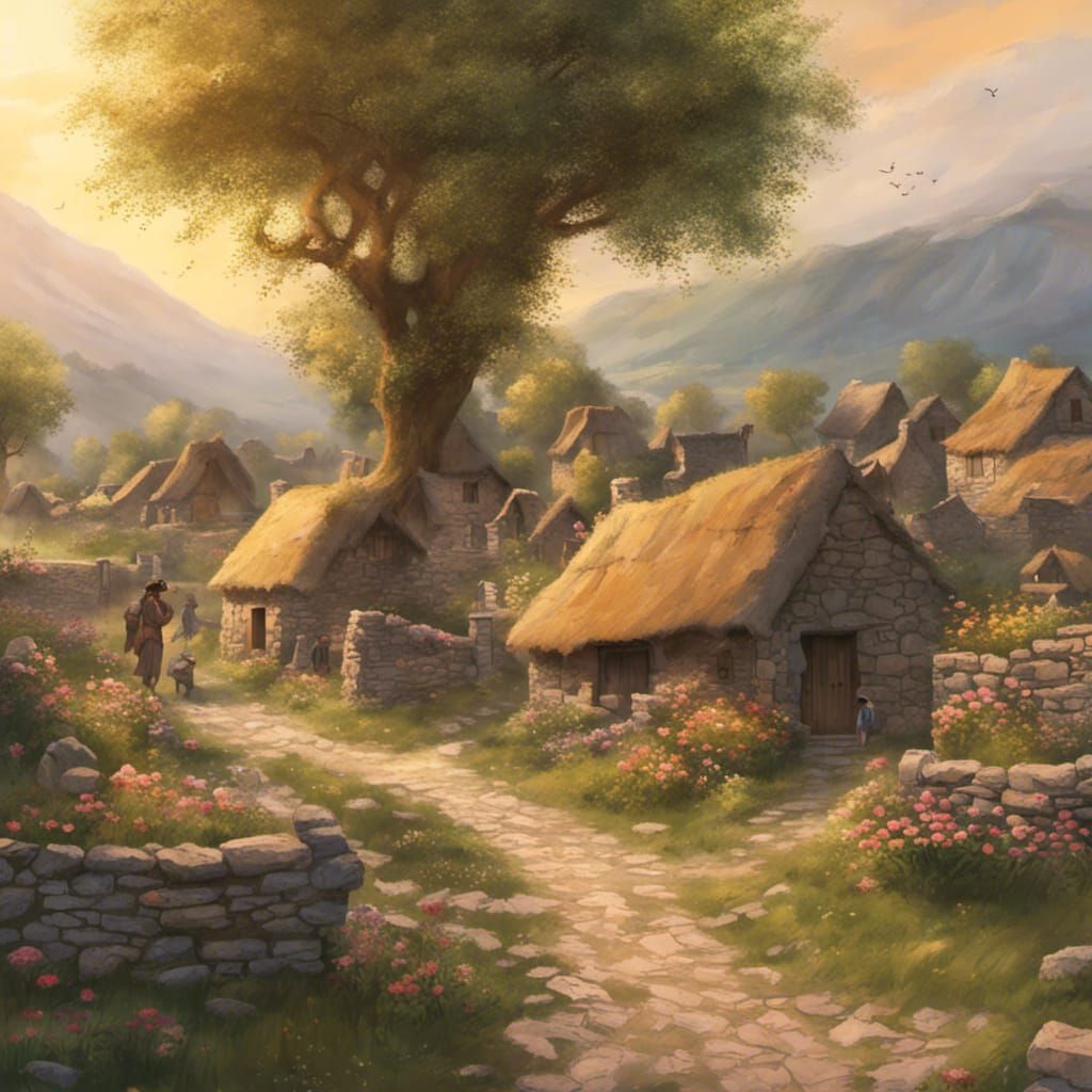 Stone Age Village in Spring at Golden Hour