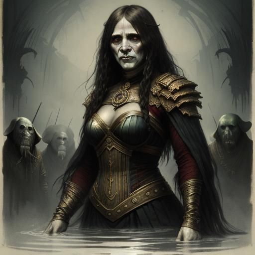 Horrific Walrus Woman in Dark Engraving Style